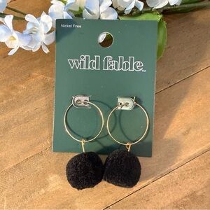 Black Pom Pom Hoop Earrings | Gold Tone | Cozy Statement